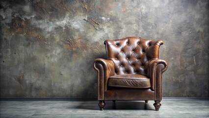 A richly textured brown leather armchair rests against a rustic, mottled wall, exuding an air of sophisticated comfort and timeless elegance.