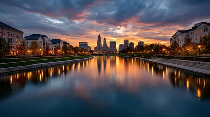 Naklejka premium City skyline reflecting on tranquil river