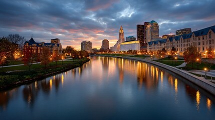 Cityscape illuminates river at dusk serene skyline glow
