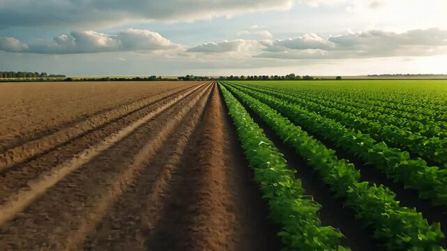Aerial view of cultivated farmland with green crops growing in organized rows next to plowed soil under cloudy sky in rural agricultural area

