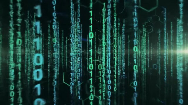 Digital Stream: Experience a mesmerizing stream of binary code cascading through a futuristic digital realm, a vibrant visual metaphor for technology's unseen workings.