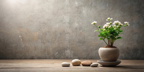 Serene Still Life  Small White Blossoms in a Simple Pot, Adorned with Smooth Stones on a Rustic Wooden Surface Against a Textured Wall