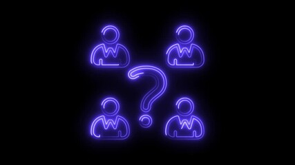 Neon question among people icons seeking answers solutions and teamwork concept