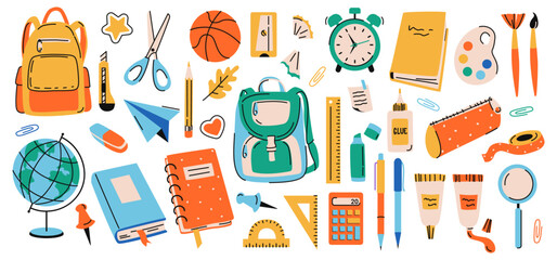 School Stationery, equipment for study. Back to School. Supplies for learning, books, ruler, globe, glue, brushes, backpack, ruler, pencil. Vector illustration isolated