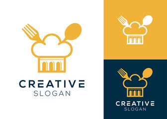 Chef bridge logo. Chef hat with bridge and cutlery logo design for restaurant