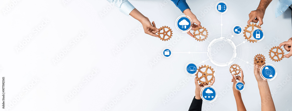 Poster this image illustrates a diverse group engaged in collaboration, using gears and technology icons to