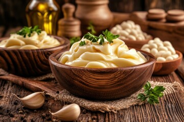 Creamy Aioli Sauce in Wooden Bowls Rustic Still Life Close Up Food Photography Garlic Herb Garnish on Tabletop