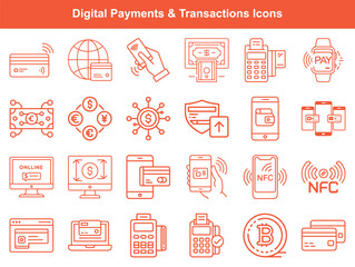 Digital Transactions Icon Set Financial Technology, Mobile Payment Methods, Banking, and Cryptocurrency Illustrations