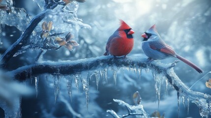 Fototapeta premium A male and female cardinal rest on an ice-covered branch, surrounded by serene winter colors with a peaceful morning light, hinting at nature's tranquility and beauty.