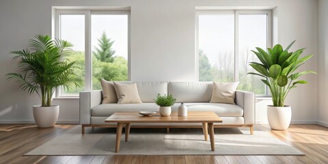 Serene Living Room Interior Design with Neutral Color Palette and Lush Greenery