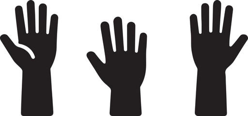 Silhouette of three hands raised together in unity and support, ideal for community, teamwork, and cooperation themes.