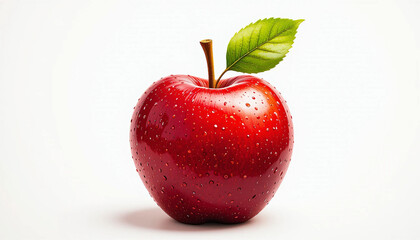 Close-up of a vibrant red apple with water droplets and a leaf.