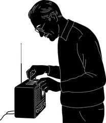 Man adjusting radio silhouette in black and white vector illustration portrait orientation 