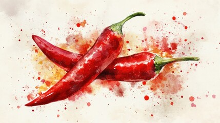 Two vibrant red chili peppers, watercolor style