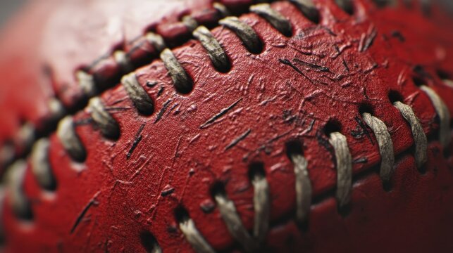 Close-up of a red cricket ball with visible stitches and wear; perfect image for sports enthusiasts and cricket-themed projects.