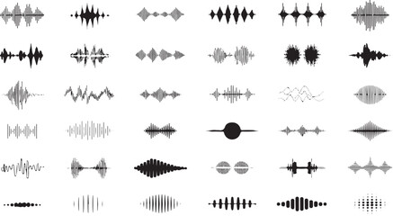 Music Recording and Equalizer Icons Set Featuring Sound Waves and Radio Signals for Audio Projects