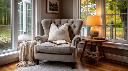 Cozy corner armchair reads amidst autumn rains