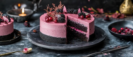 Gourmet Berry Cake Displayed on Dark Background with Slice Removed for Serving Dessert Still Life