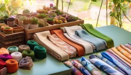 Colorful Fabric and Yarn Display in a Vibrant and Creative Crafting Workshop Setting