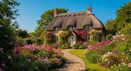 Charming Thatched Cottage Garden - Picturesque thatched roof cottage nestled in a vibrant flower garden, idyllic English countryside scene