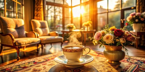 Fototapeta premium Warm Morning Sunlight Illuminates a Cozy Living Room Scene Featuring a Steaming Cup of Coffee and a Lovely Floral Arrangement on an Ornate Table
