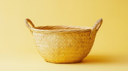 Fototapeta premium Empty woven basket on a yellow background