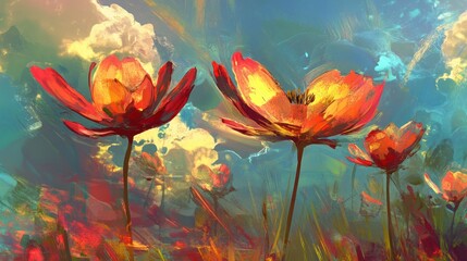 Obraz premium Vibrant floral artwork of poppy blossoms against a painted sky.