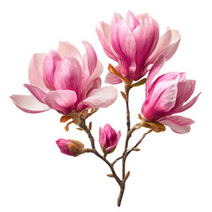 Naklejka premium Pink magnolia flowers and buds bouquet, cut out isolated on transparent or white background. A high resolution PNG image of Pink magnolia flowers and buds bouquet, cut out.