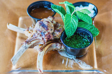 grilled lamb chops with a mint pesto dipping sauce