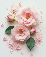 Soft pink roses and petals arranged artistically on a white background for a romantic look.