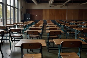 Desks arranged in a vacant classroom showing the setting for learning and education during school hours
