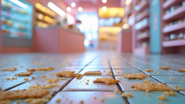 Cookies scattered floor inside pastry shop. Messy situation in pink candy store