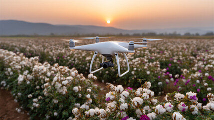 Drone over cotton field at sunset