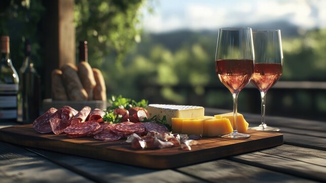Outdoor charcuterie board with wine and cheese on wood table