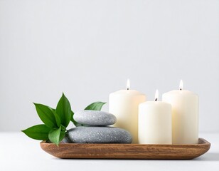 Serene Spa Environment with Green Leaves, Smooth Stones, and Soft Lighting.