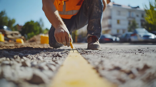 Construction Worker Marking Ground with Yellow Paint