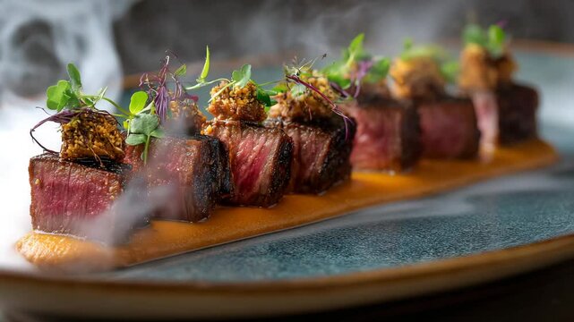 Close up view of seared beef cubes arranged on a bed of orange puree, garnished with herbs and a crunchy topping. Dry ice creates an ethereal smoky effect on a teal colored plate.