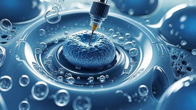 Close-up of syringe needle injecting into blue cell structure surrounded by liquid and bubbles, depicting advanced biomedical research scene

