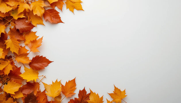 Autumnal frame of vibrant fall leaves on a white background.