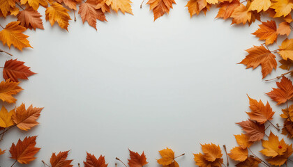 Fototapeta premium Autumnal frame of vibrant fall leaves on a white background.