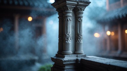 Stone columns in foggy outdoor temple. Decorative ornaments on pillars. Mysterious atmosphere