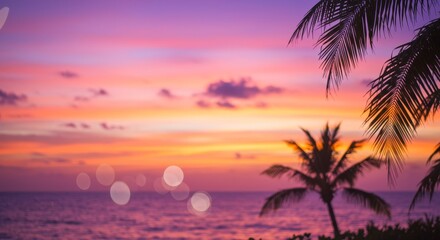 Tropical Sunset Bokeh Palm Fronds - Serene tropical sunset scene, palm silhouettes, bokeh lights, ocean view. Symbolizing: peace, paradise, vacation, tranquility, escape