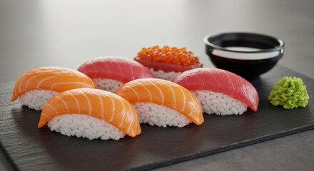 Sushi nigiri pieces with salmon tuna and sauce on a dark plate.