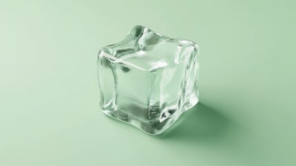 Clear ice cube on a mint green surface