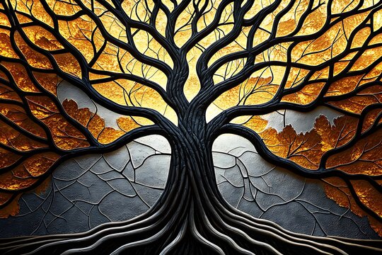 A stylized dark tree shows golden leaves against a gray background, full of depth