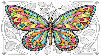 Bright Colored Butterfly Illustration in Art Nouveau Style Isolated on White