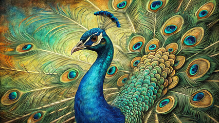 Fototapeta premium Hand-Drawn Pastel Illustration of Beautiful Male Peacock with Feathers Spread