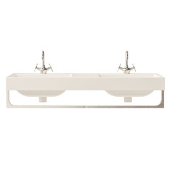 A white sink with two faucets