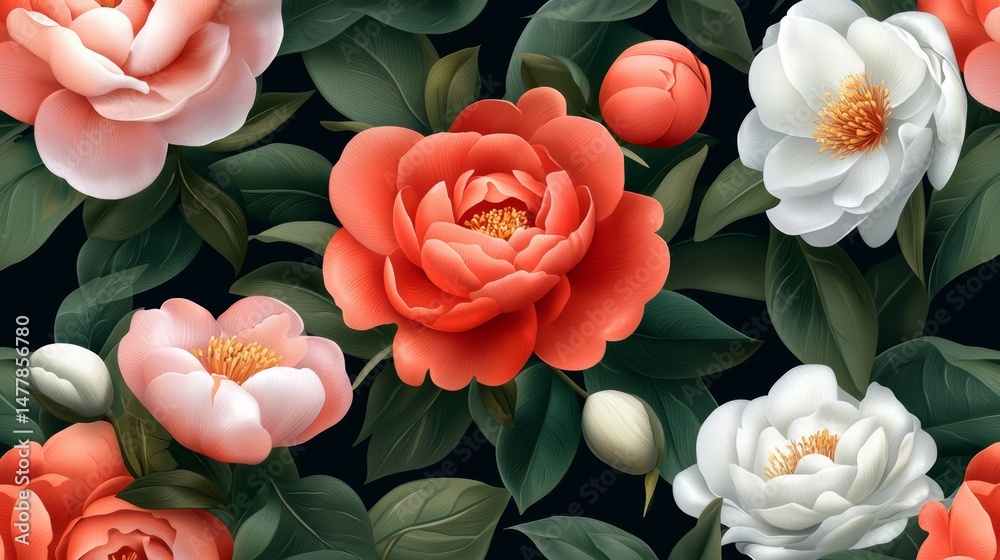 Poster black and white floral pattern with red and white flowers. the flowers are arranged in a way that cr