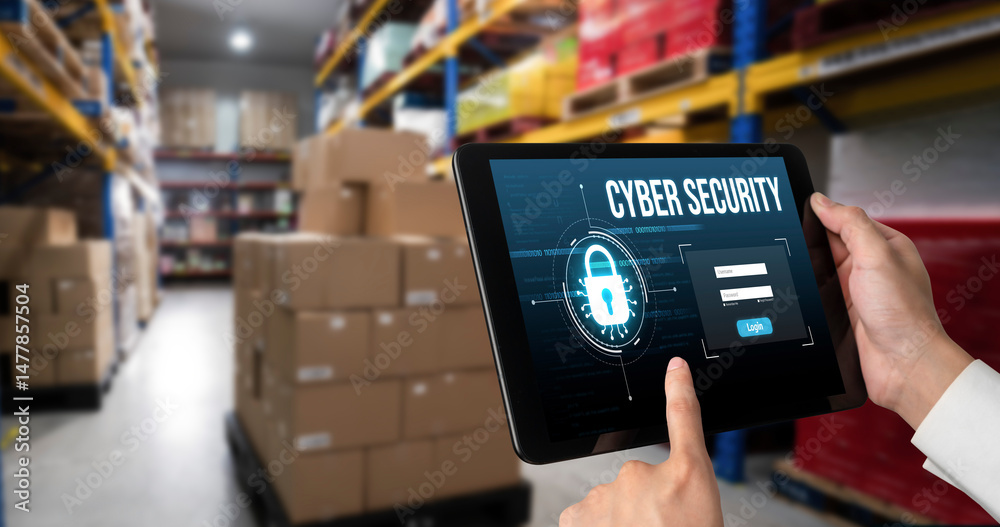 Poster cyber security system on computer screen protect private information snugly from hacker and cyber at